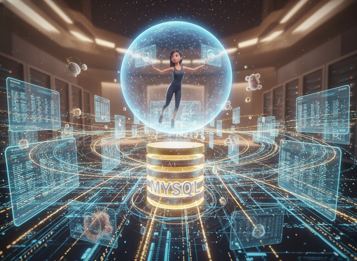 The scene shifts to the digital heart of the gym, where a complex MySQL database organizes member data into neat, accessible rows. Shimmering data points connect in a vast network, representing the incredible speed and accuracy of the new automated architecture.