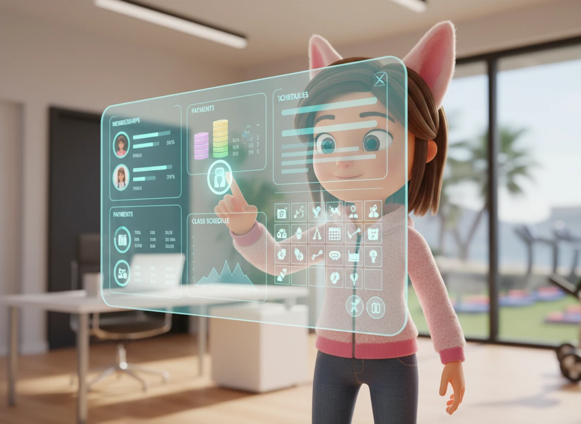 The new gym management dashboard is finally live, featuring a clean layout with intuitive buttons and real-time statistics. The professional 3D interface glows with a polished finish, showing memberships, payments, and schedules at a single glance.