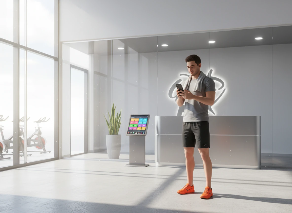 A gym member stands in the bright, modern lobby, effortlessly booking a high-energy cycling class on their smartphone. The morning sunlight streams through large windows, reflecting off the sleek glass and polished metal surfaces of the upgraded facility.