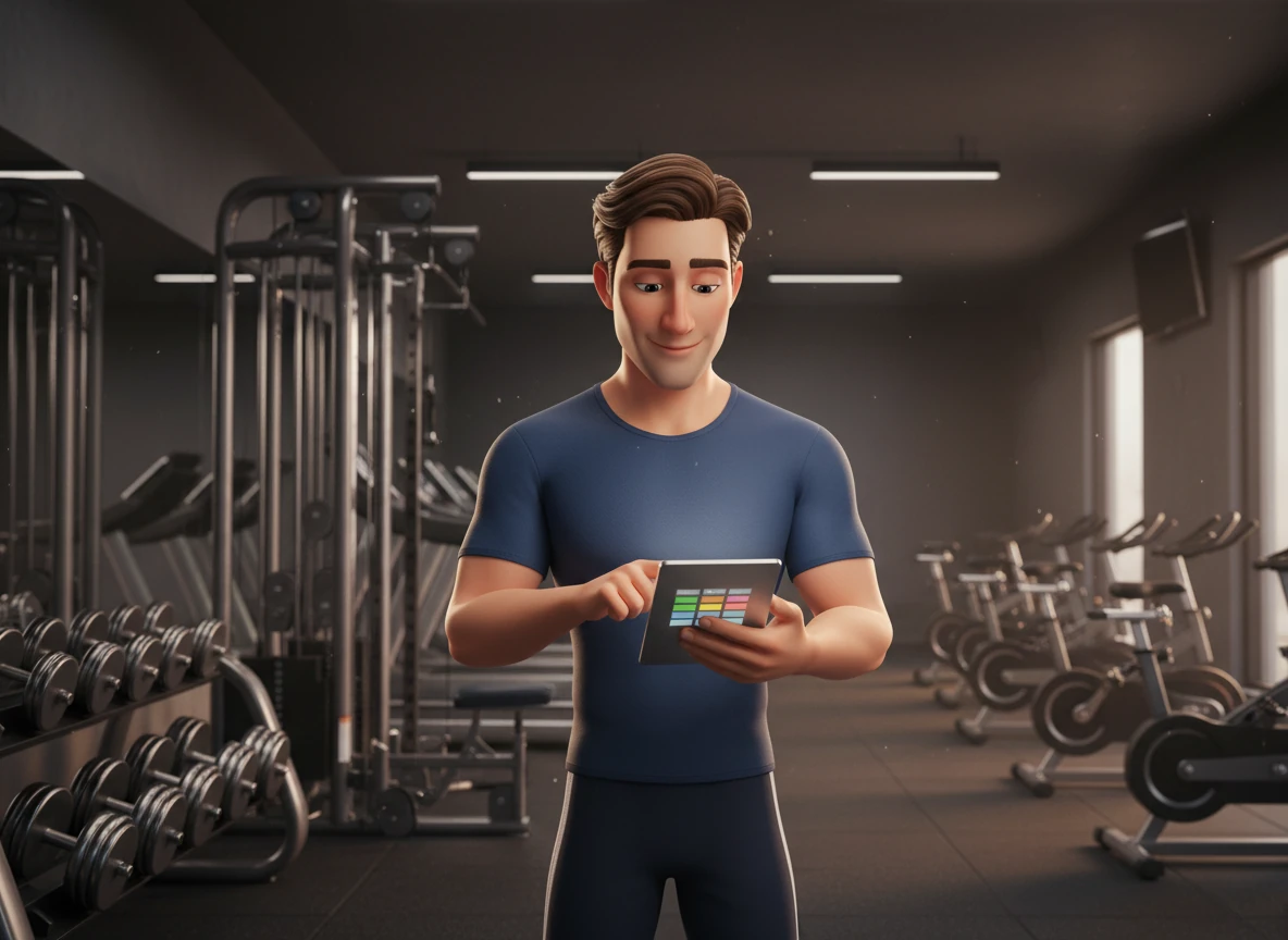 A fitness trainer checks their daily schedule on a slim tablet, seeing their classes perfectly organized without any overlapping conflicts. The atmosphere is calm and professional, with high-quality gym equipment visible in the background under cinematic lighting.