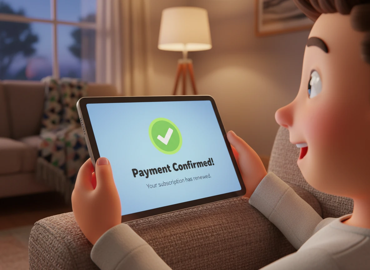 A secure payment confirmation appears on a digital screen with a satisfying green checkmark, indicating a successful and convenient subscription renewal. The realistic materials of the tablet and the surrounding environment look photorealistic and high-end.
