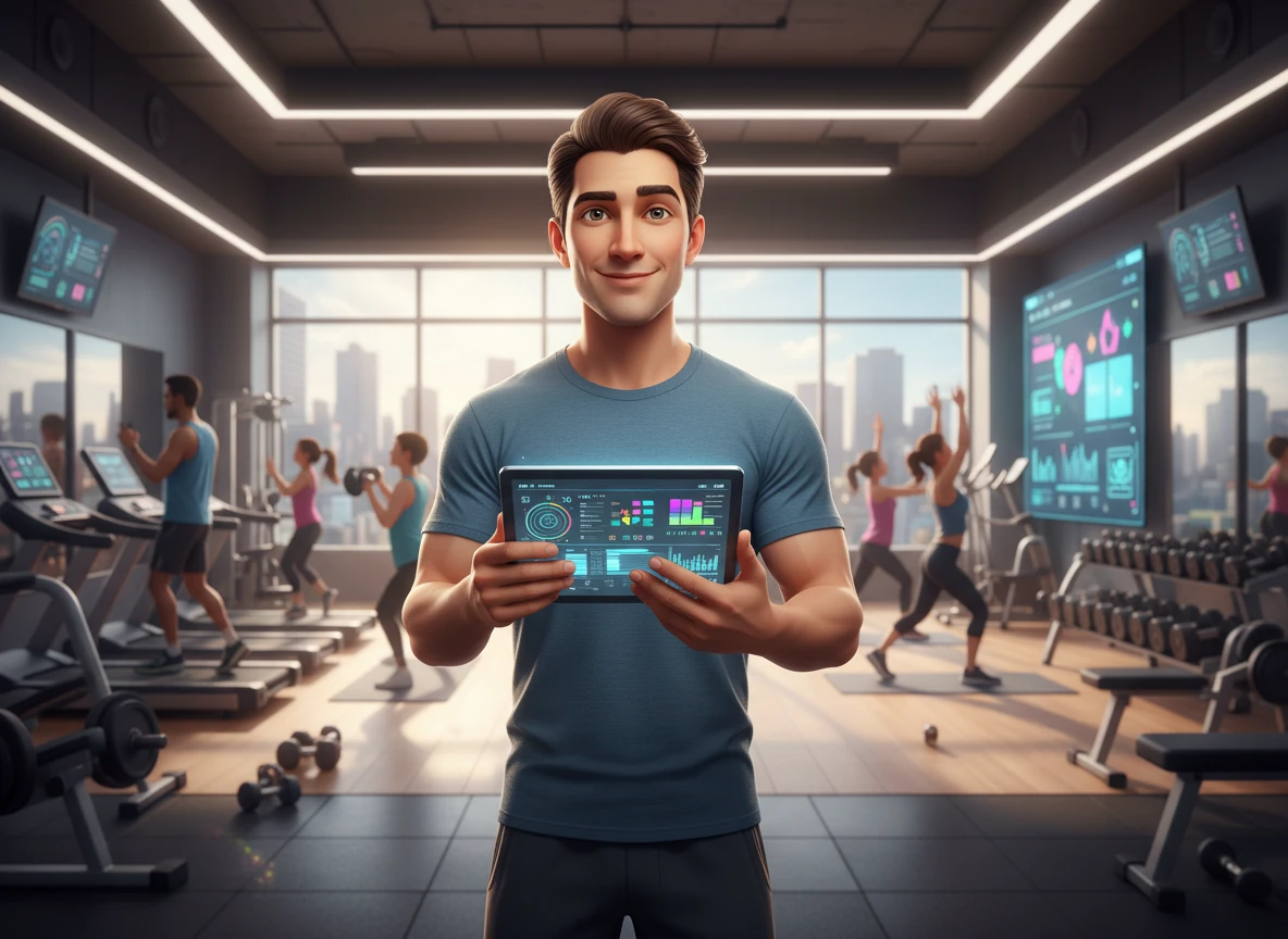 Alex stands proudly in the center of the bustling, perfectly organized gym, holding a tablet that controls the entire facility with ease. The environment is vibrant and energetic, proving that the digital transformation has brought success, harmony, and superior service to the community.