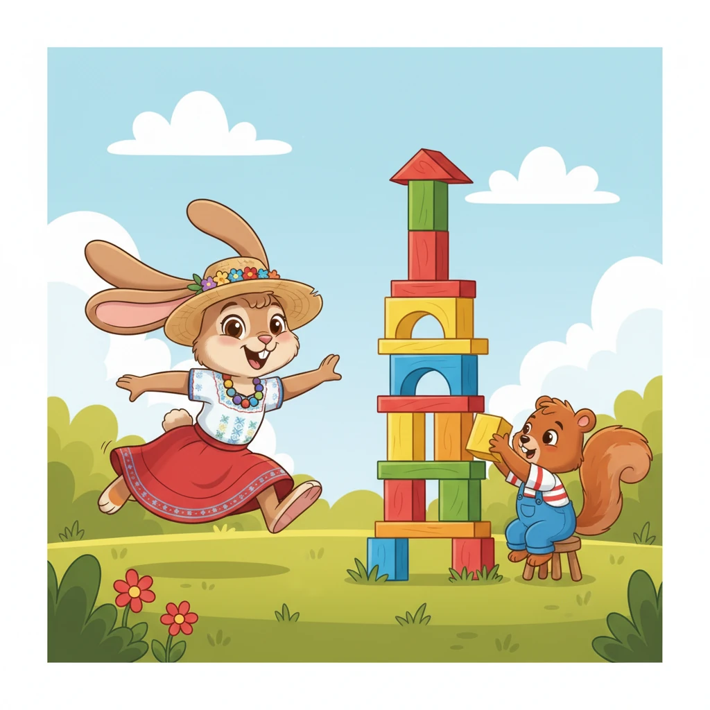 Un día, Rosita vio a sus amigos, el osito Tito y la ardilla Lila, construyendo una torre de bloques muy alta. Estaban muy concentrados y casi terminaban. Rosita, emocionada, corrió hacia ellos sin pensar.