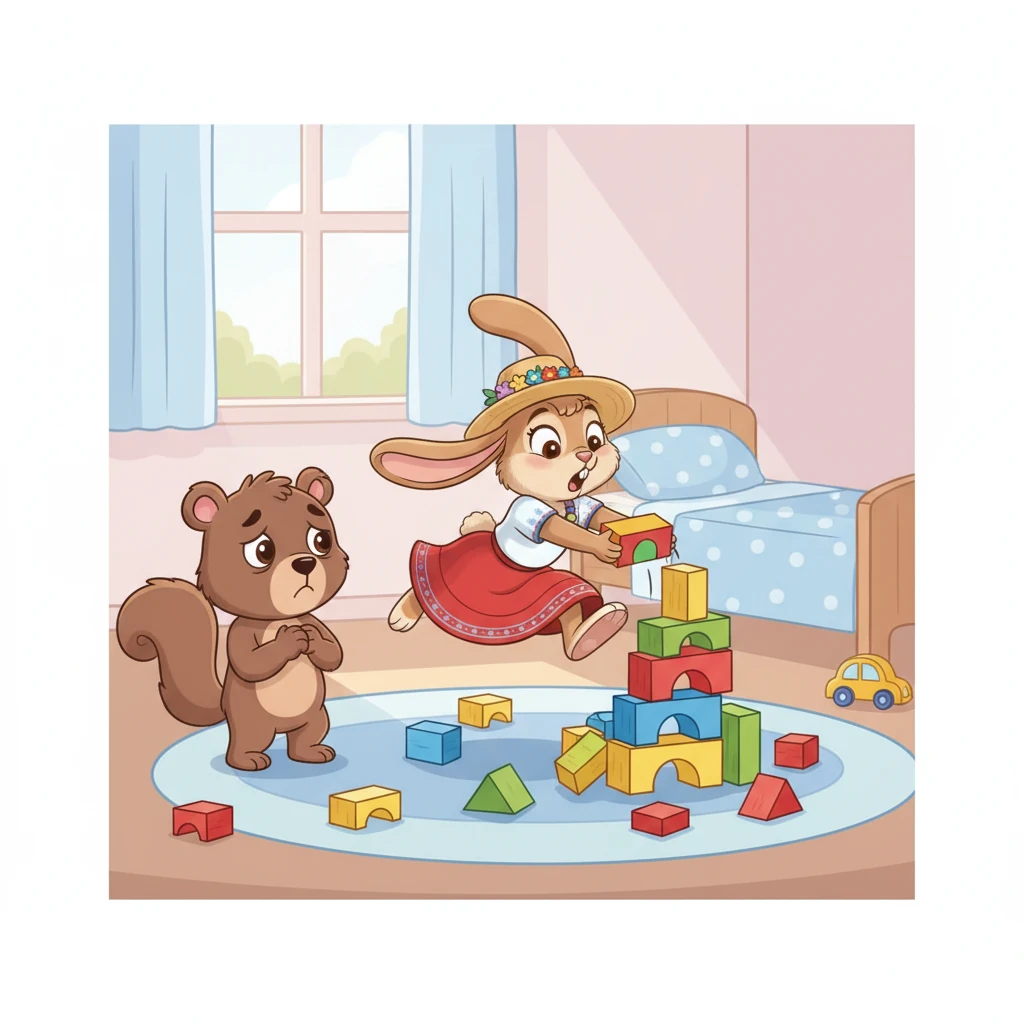 Sin esperar su turno, Rosita saltó y empujó un bloque para añadir el suyo a la cima. ¡Pum! La torre se derrumbó con un gran estruendo. Tito y Lila miraron a Rosita con tristeza en sus caritas.