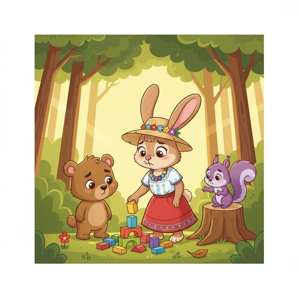 Tito el osito dijo con voz suave: "Rosita, estábamos construyendo eso con mucho cuidado y esfuerzo". Lila la ardilla añadió: "Ahora tenemos que empezar de nuevo, ¡qué pena!". Rosita se sintió un poco mal, pero no sabía exactamente por qué.