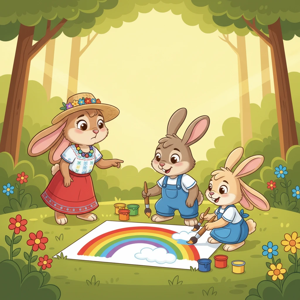 Al día siguiente, Rosita vio a Tito y Lila pintando un hermoso arcoíris en una gran hoja. Esta vez, se acercó despacio y esperó pacientemente. Cuando Lila terminó su raya azul, Rosita preguntó con voz bajita: "¿Puedo pintar una nube al lado del arcoíris?".