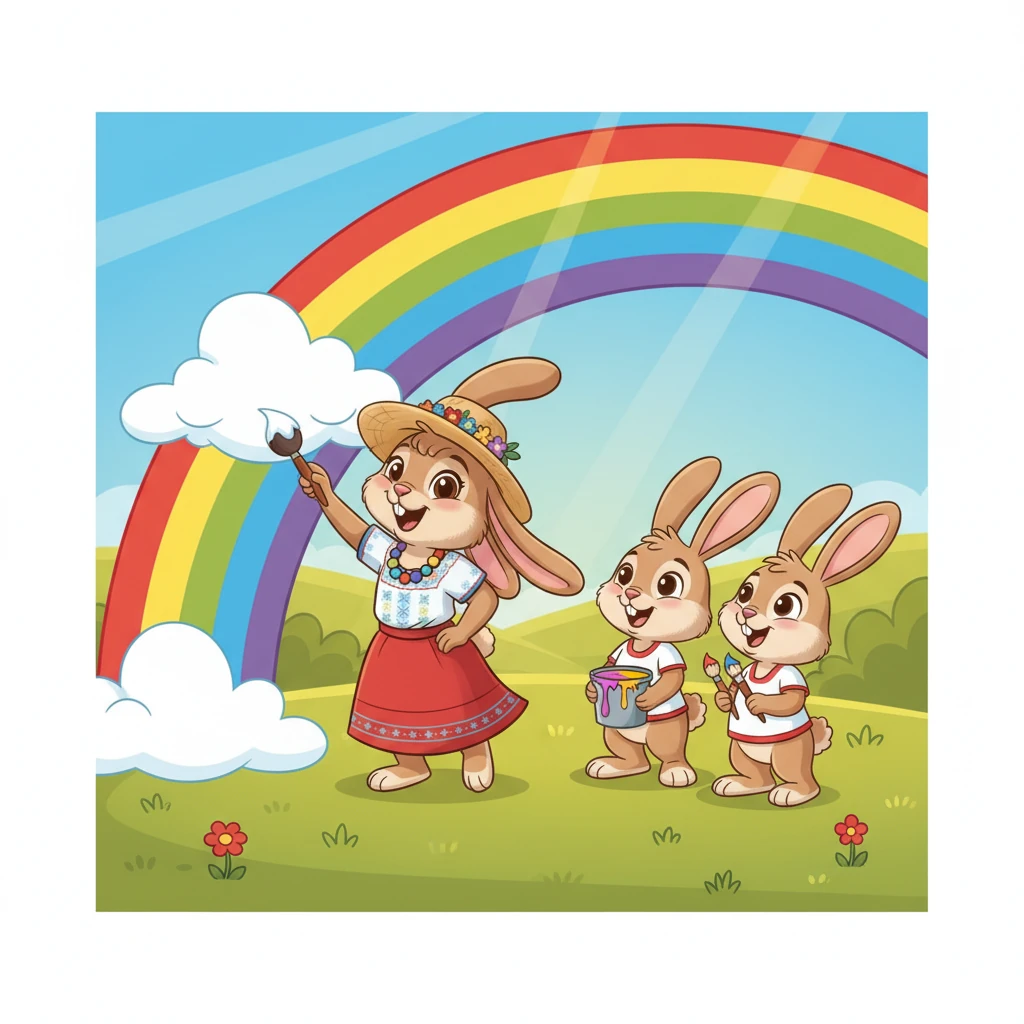 Tito y Lila sonrieron con alegría. "¡Claro que sí, Rosita!", dijeron al unísono. Rosita pintó una nube suave y esponjosa al lado del arcoíris. Todos trabajaron juntos, escuchándose y compartiendo los colores sin discusiones.