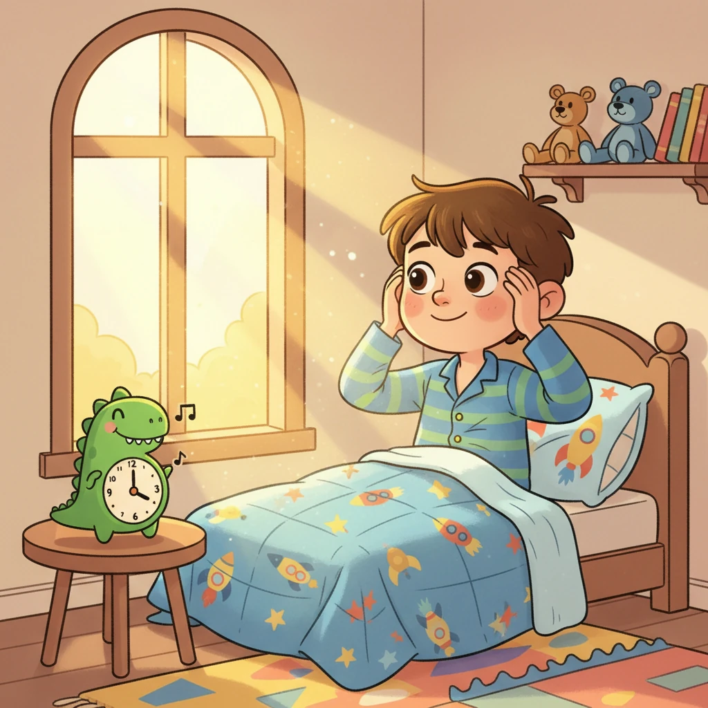 The first rays of sunshine peeked through Leo's window, painting a warm glow across his cozy room. His dinosaur alarm clock chirped a cheerful tune, gently nudging him awake. Leo blinked, a soft smile spreading across his face as he realized it was a brand new day.