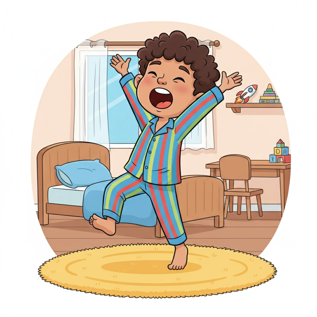 With a big stretch and an even bigger yawn, Leo wiggled his toes and bounced out of bed. His colorful pajamas swished as he did a little happy dance on the rug. He was ready to start his morning adventure!