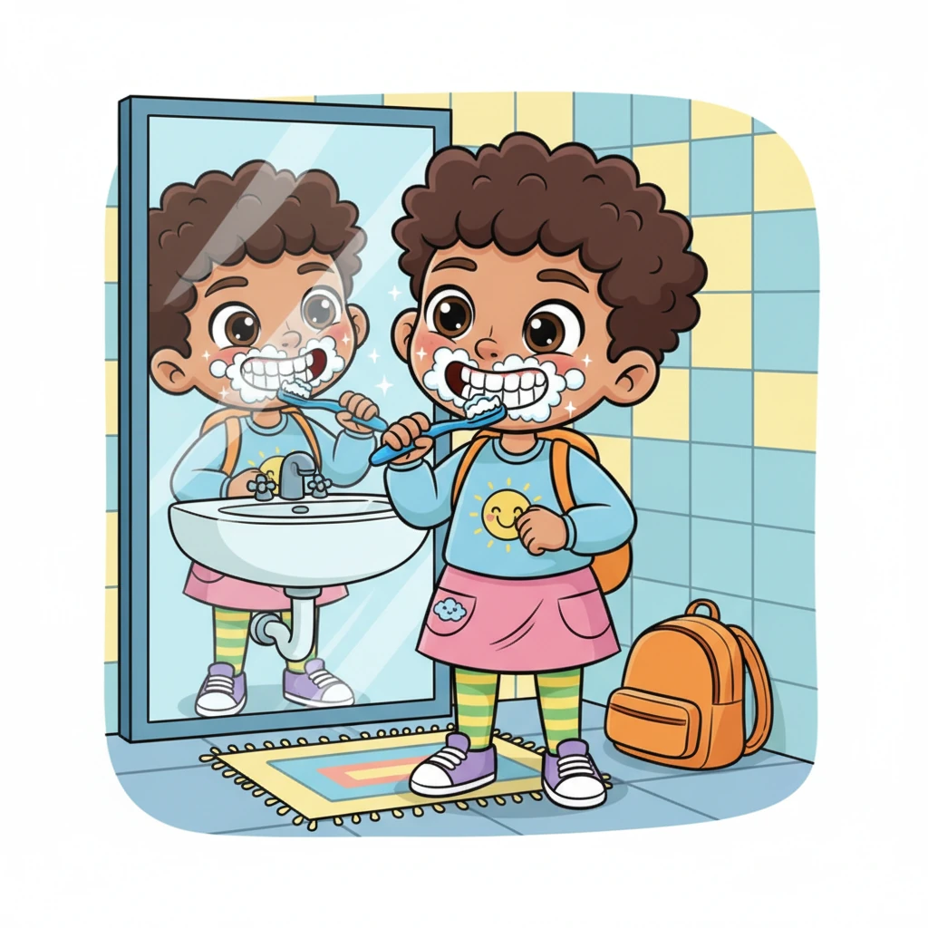 In the bathroom, Leo grabbed his bright blue toothbrush and squirted on some sparkly toothpaste. He brushed his teeth with gusto, making funny faces in the mirror as foam tickled his lips. Sparkly clean, his smile shone like the morning sun.