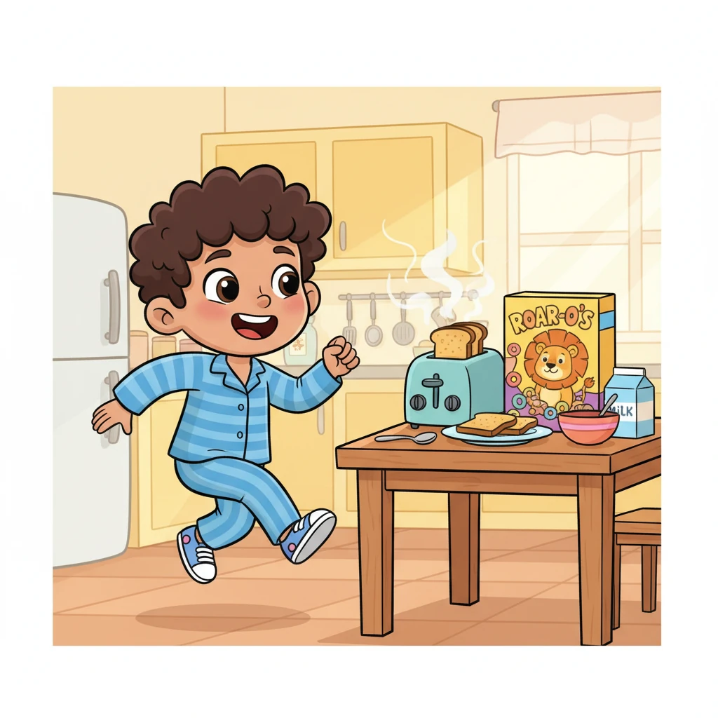 Down in the kitchen, the smell of yummy toast filled the air. Leo skipped to the table, his tummy rumbling with excitement for breakfast. He saw his favorite cereal box waiting, ready for a delicious start to the day.