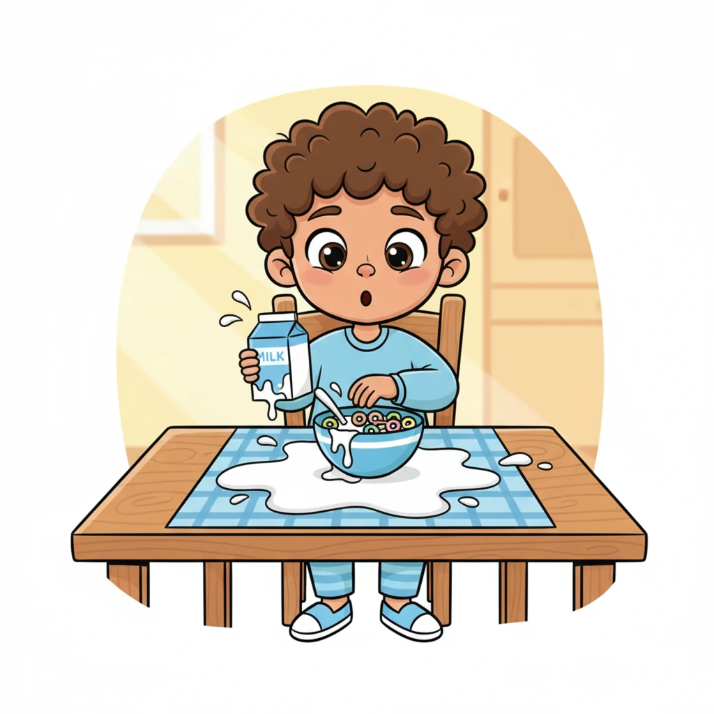As Leo poured his milk, his hand wobbled just a tiny bit. SPLASH! A puddle of white milk spread across the table, making a little lake around his bowl. Oh no! His cheerful morning suddenly felt a little bit messy.