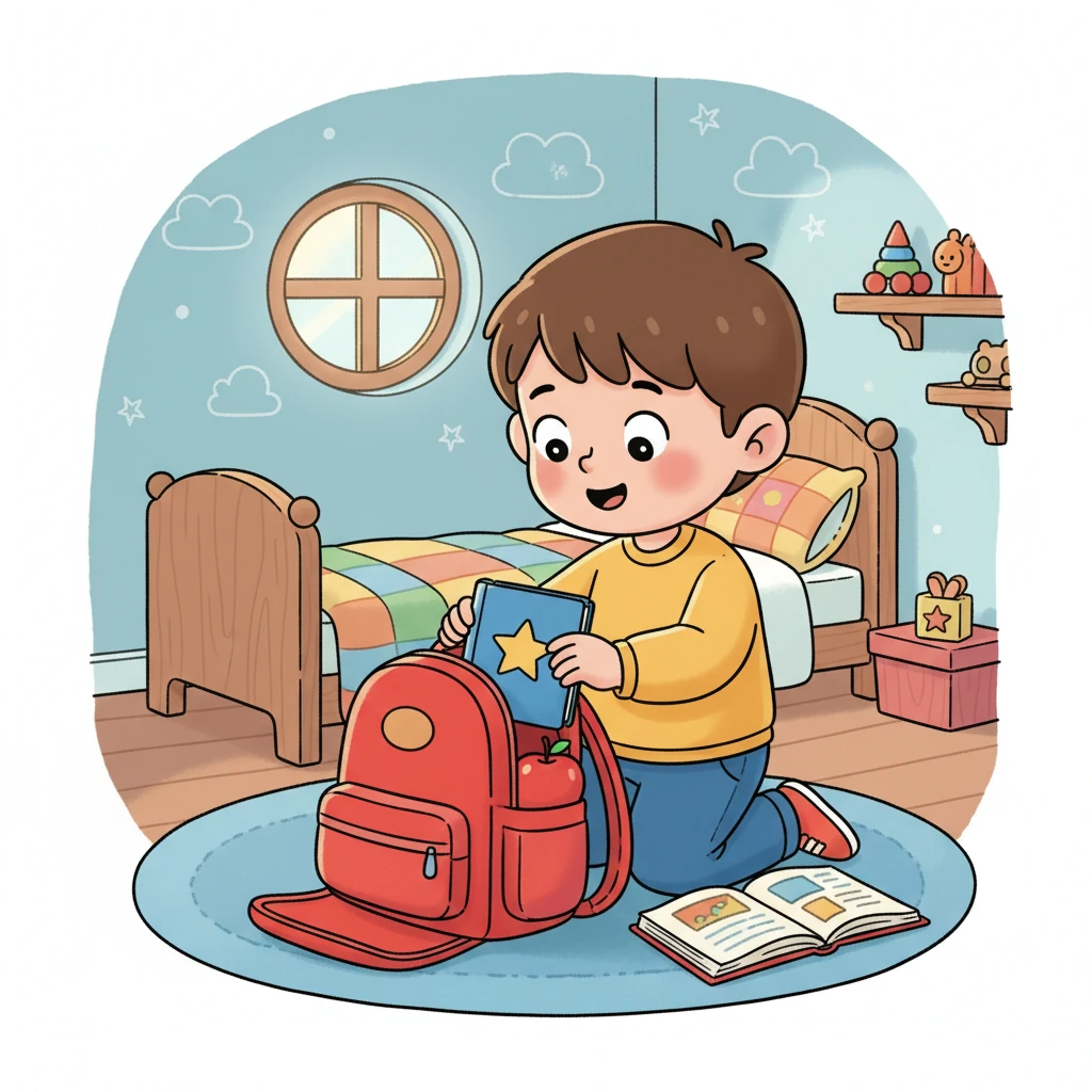 Leo happily munched his cereal, feeling much better now that the spill was gone. After breakfast, he dashed to his room to pack his bright red backpack. He carefully tucked in his favorite storybook and a shiny apple for snack time.