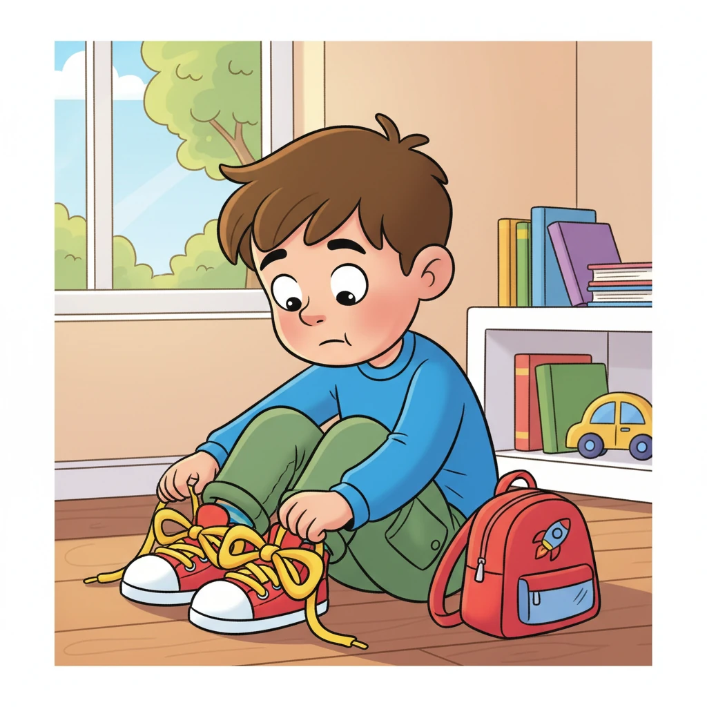 Time to go! Leo sat on the floor, pulling on his comfy sneakers. He tied the laces in big, bouncy bows, making sure they were extra snug for his walk to school. He was all set for a day of learning and fun!
