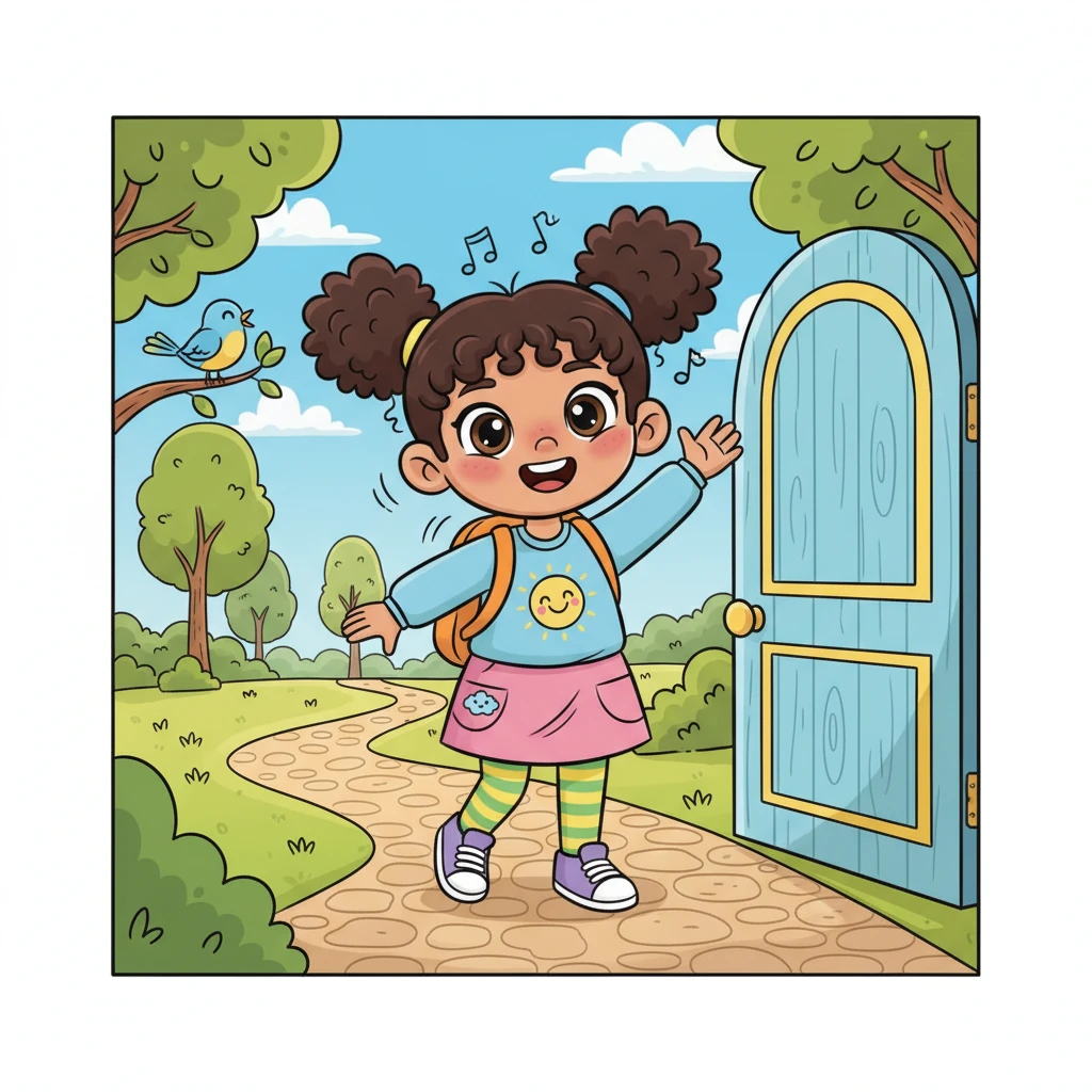 Waving goodbye to his grown-up, Leo stepped out the door, his backpack bouncing lightly on his back. The path to school was bright and sunny, and he hummed a happy tune as he walked. Birds chirped along with him, making the morning even more cheerful.
