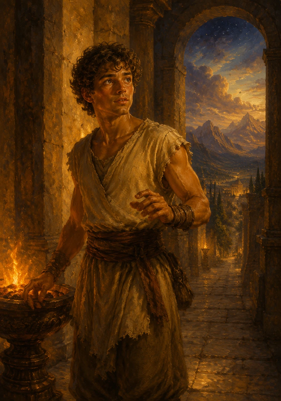 In a golden valley nestled beneath towering, cloud-shrouded mountains, young Julius spent his days tending to the sacred fires of the ancient temple. Though he was just a humble servant, he often looked up at the stars, wondering if the grand stories of the old gods were true. One evening, a strange, warm wind swept through the stone corridors, whispering his name.