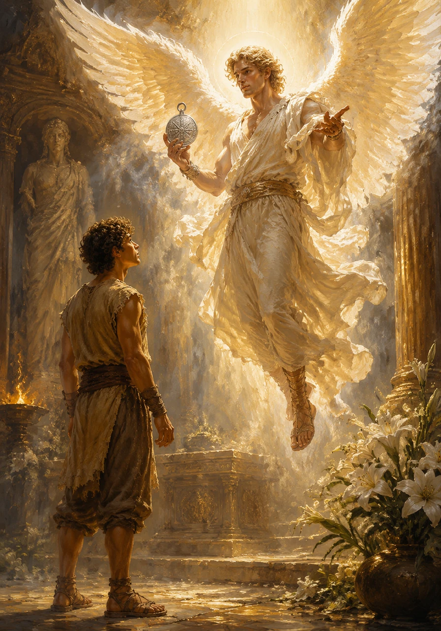 The air grew heavy with the scent of ozone and wild lilies as a brilliant light materialized before the temple altar. A celestial messenger with wings of pure light descended, holding a glowing silver medallion etched with ancient runes. The messenger declared that the gods had chosen Julius for a quest that would decide the fate of the mortal realm.