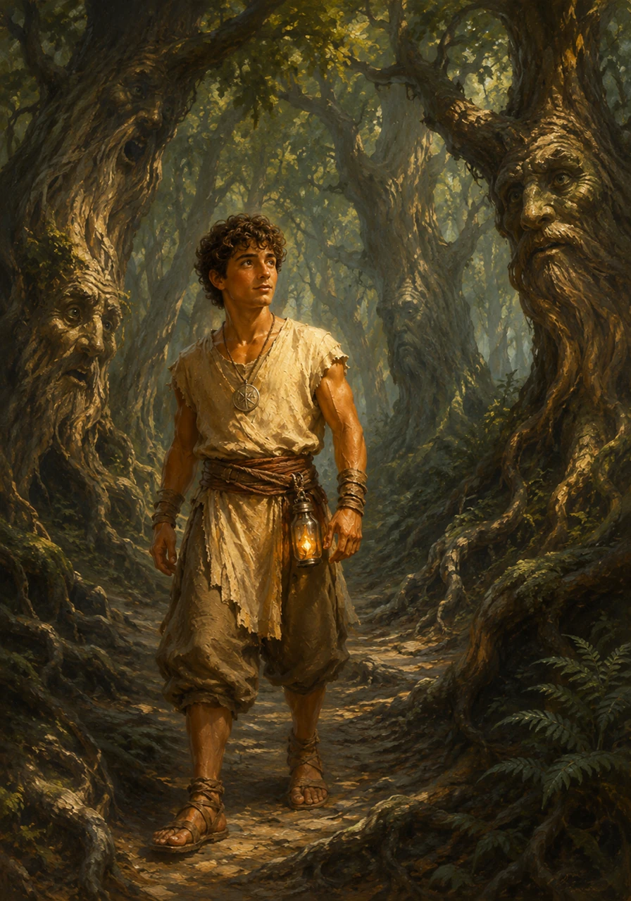 Accepting his divine destiny, Julius placed the heavy medallion around his neck and stepped outside into a world that suddenly felt much vaster. His first task took him to the Whispering Woods, a dense forest where the trees themselves shifted and spoke in riddles. He relied on his sharp wit and gentle heart to navigate the maze of roots and shadows.