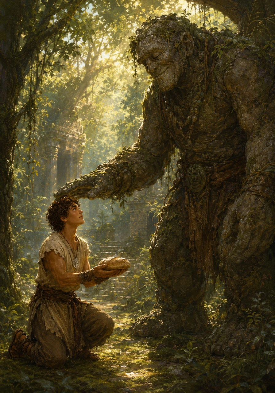Deep within the forest, Julius encountered a massive, stone-skinned guardian blocking the path to the Sunken Shrine. Instead of drawing a weapon, Julius knelt and offered a simple loaf of bread and a listening ear to the lonely creature. Moved by the boy's kindness, the guardian smiled, stepped aside, and bestowed a blessing of strength upon him.