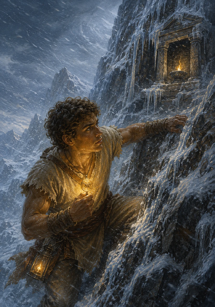 The journey then led Julius high into the jagged, ice-covered peaks of the northern mountains, where the wind howled like a wounded beast. He had to retrieve a spark of the Eternal Flame from a shrine frozen in time. Clinging to the frozen rock face, Julius drew warmth from his glowing medallion, pushing through the bitter cold with fierce determination.