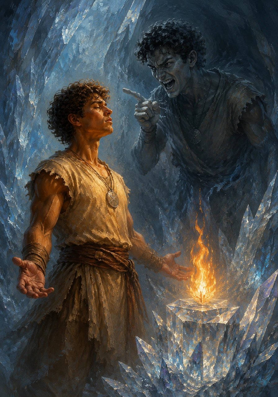 At the summit, Julius discovered a cavern of shimmering ice crystals surrounding a single, unyielding flame. As he reached out to claim the spark, a phantom reflection of his own deepest fears materialized, mocking his weakness. Julius closed his eyes, embraced his flaws, and conquered the illusion with absolute self-belief.