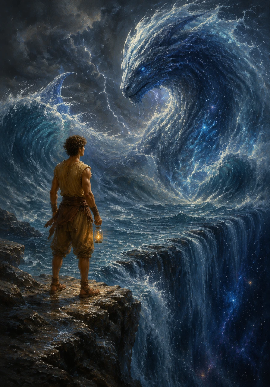 With the Eternal Flame safely secured in a crystal vial, Julius traveled to the Edge of the World, where the ocean cascaded into a starry void. There, he met the Spirit of the Seas, a magnificent leviathan made of cresting waves and starlight. The creature tested Julius's resolve by whipping up a furious storm, but Julius stood firm on the rocky precipice, unyielding.