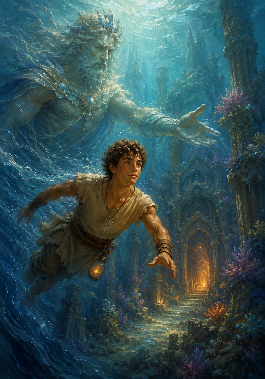 Impressed by the boy's unbreakable spirit, the Sea Spirit calmed the waters and guided Julius to the hidden underwater entrance of the Celestial Forge. Swimming through columns of glowing coral and ancient ruins, Julius felt the power of the deep currents guiding him forward. He was no longer just a servant; he was becoming a true champion.