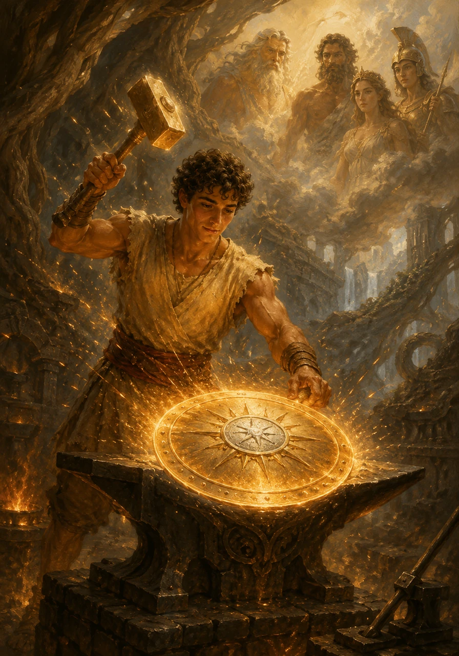 Inside the grand Celestial Forge, beneath the roots of the world, Julius placed the Eternal Flame and his silver medallion into the anvil of the gods. With a mighty strike of a golden hammer, the artifacts fused into a magnificent shield that radiated divine protection. The gods watched from the heavens, nodding in approval of their chosen servant.