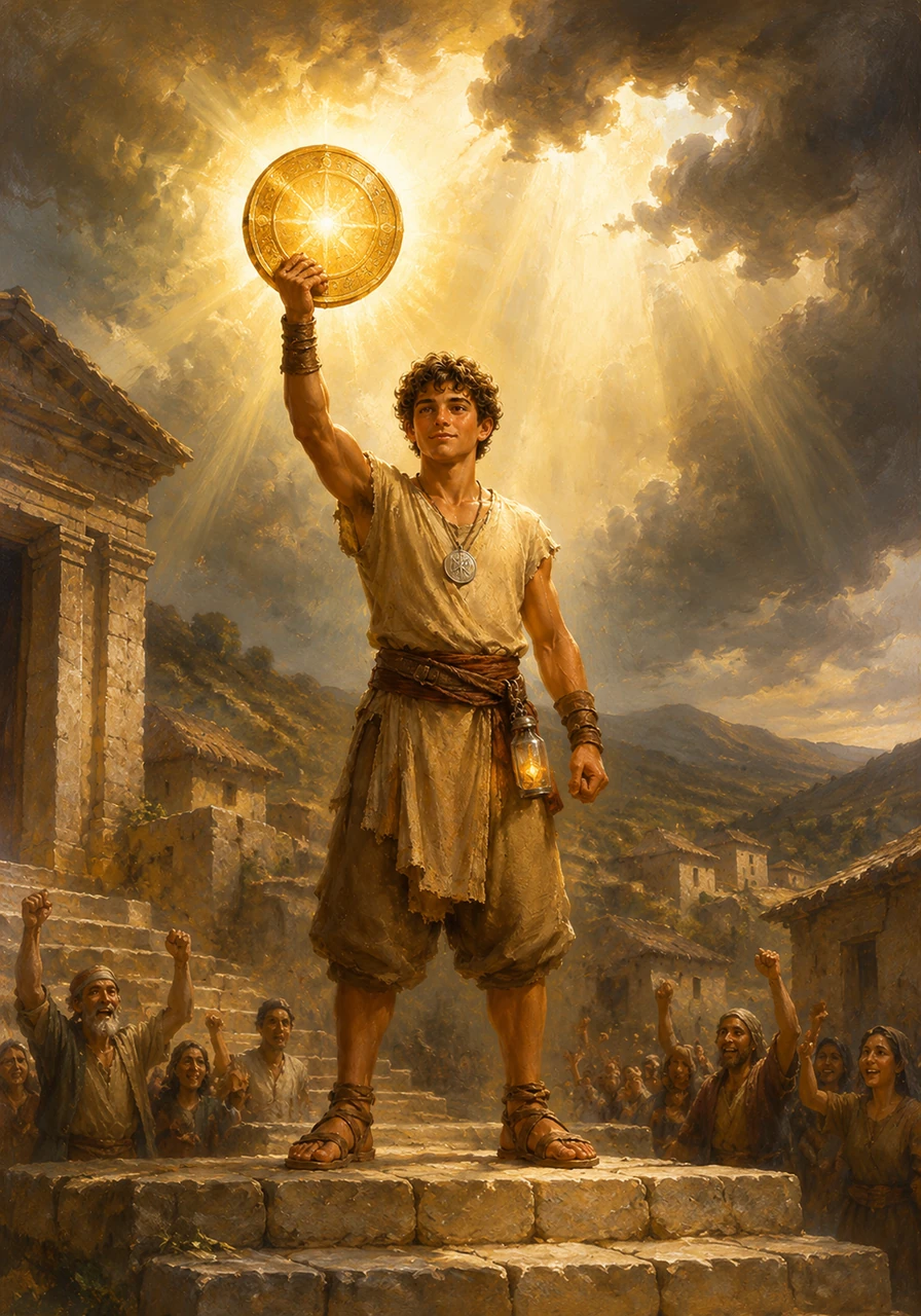 Returning to his village as a true hero, Julius stood upon the temple steps, holding the glowing shield high as a beacon of hope. The dark clouds that had threatened the land parted, letting the warm sunlight pour down once more. Though he remained a humble servant at heart, Julius knew he would always stand ready to defend the world alongside the gods.