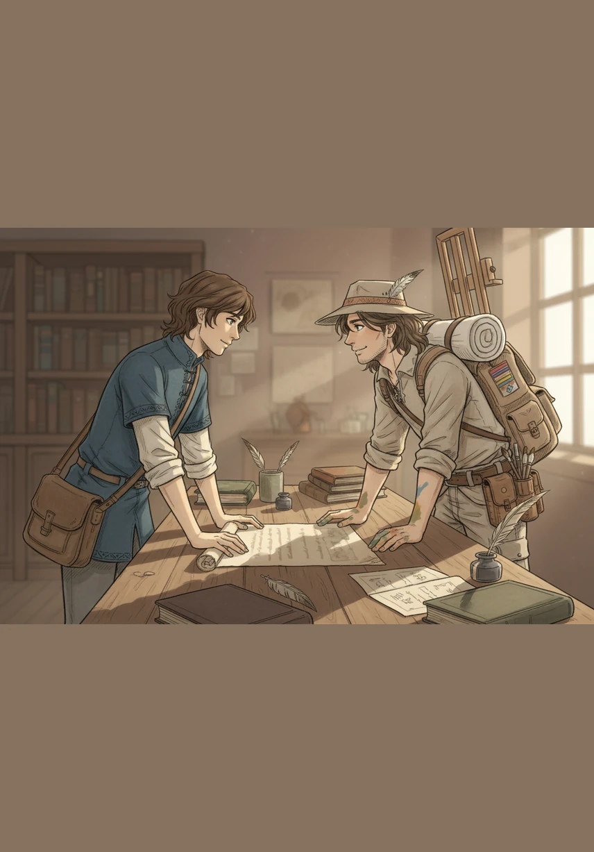A shadow fell over the table as Julian, a traveler with paint-stained fingers and a curious gaze, leaned in to see the parchment. Their eyes met, and a silent understanding sparked between the quiet scholar and the vibrant artist.