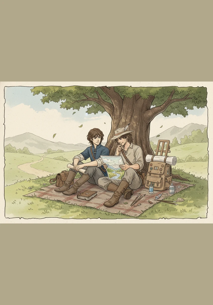 During a break, they sat beneath a sprawling cherry blossom tree in full bloom. While Elias read aloud from the journal, Julian captured his likeness in a sketchbook, his pencil moving with a gentle, rhythmic grace.