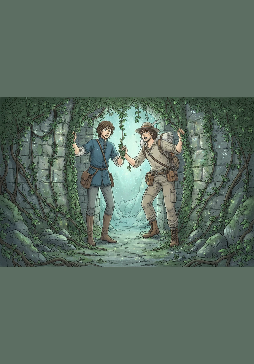 They found the entrance to a secret grotto, hidden behind a curtain of ivy and ancient stones. Inside, the walls pulsed with the soft, ethereal light of bioluminescent moss, reflecting in their wide, wondering eyes.