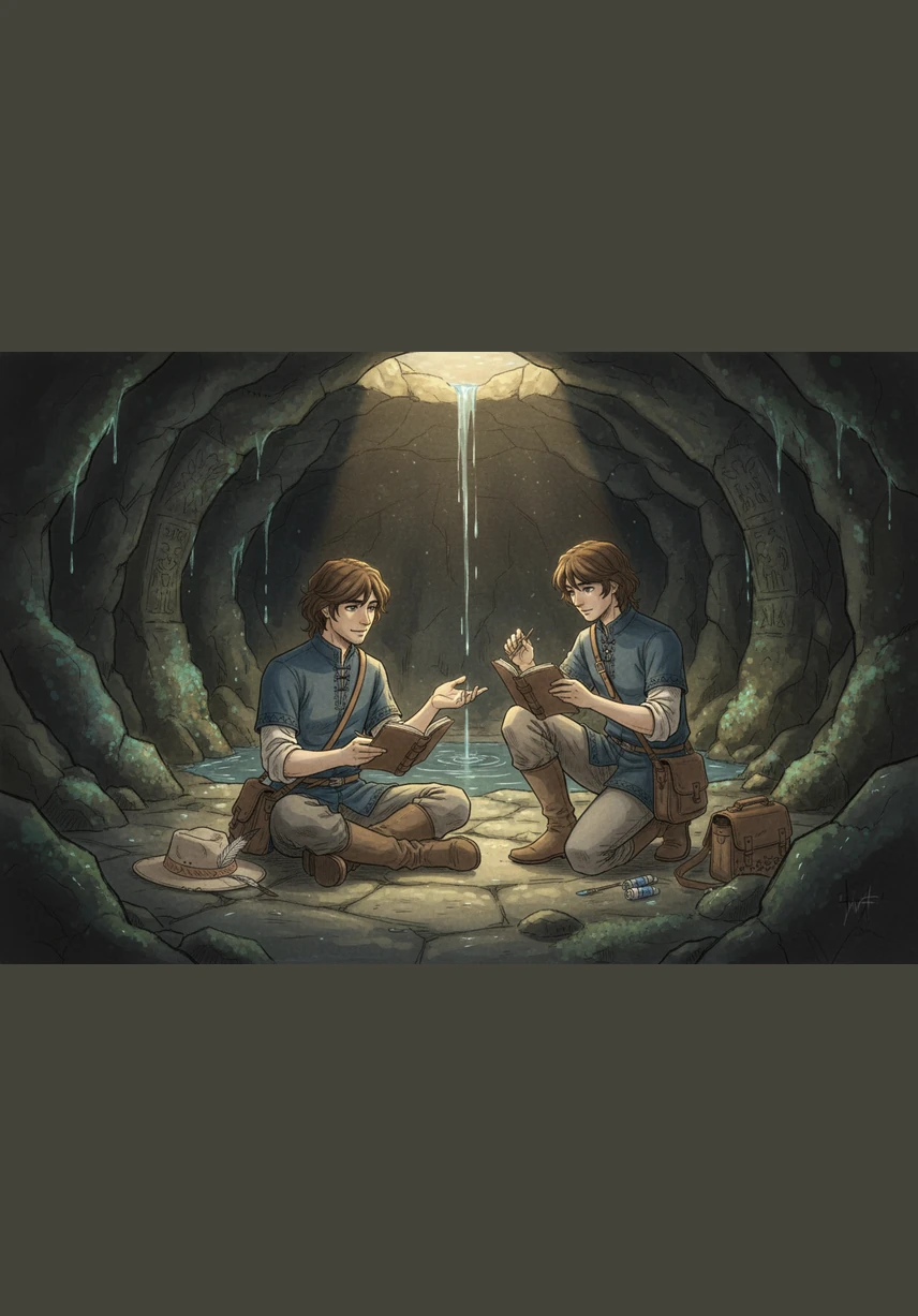 As they navigated the slippery stones of the grotto, Julian reached back to steady Elias, their fingers interlacing naturally. The warmth of the contact lingered far longer than necessary, grounding them both in the quiet moment.