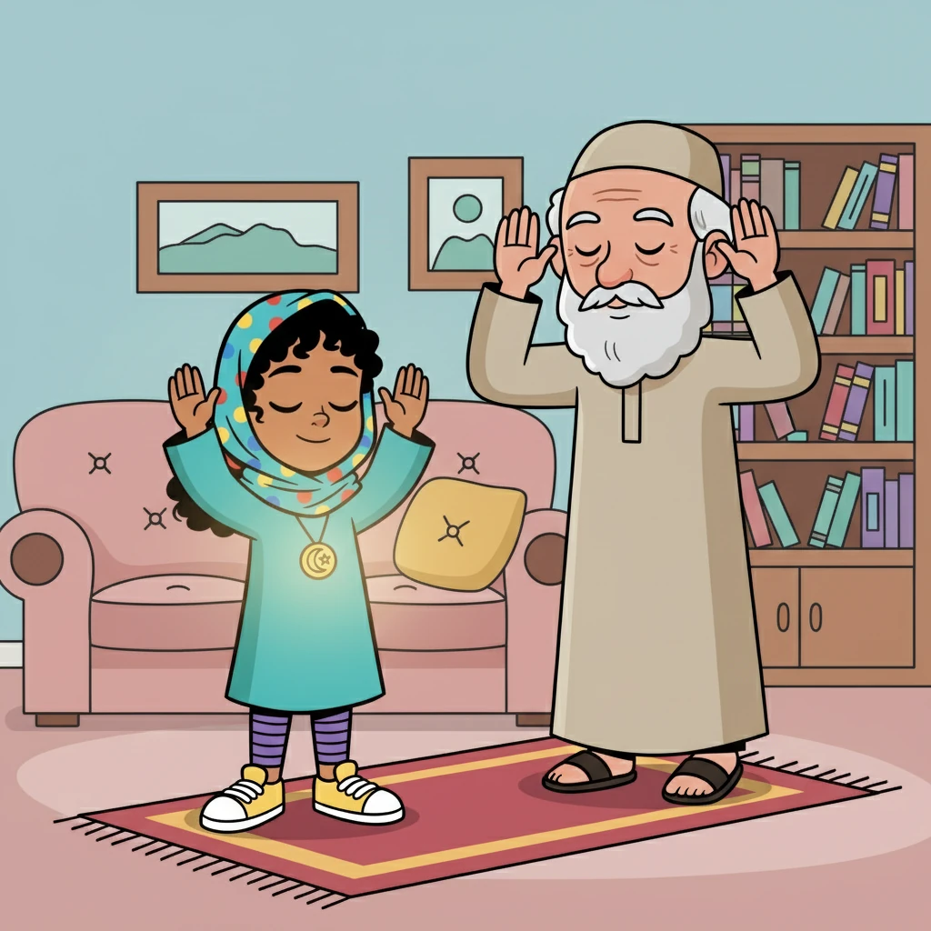 Next, they talked about Salah, the five daily prayers. Grandfather showed Amina how to perform the movements, explaining that prayer connects them to Allah. Amina felt a sense of peace as she learned the postures, imagining her heart filled with gratitude.