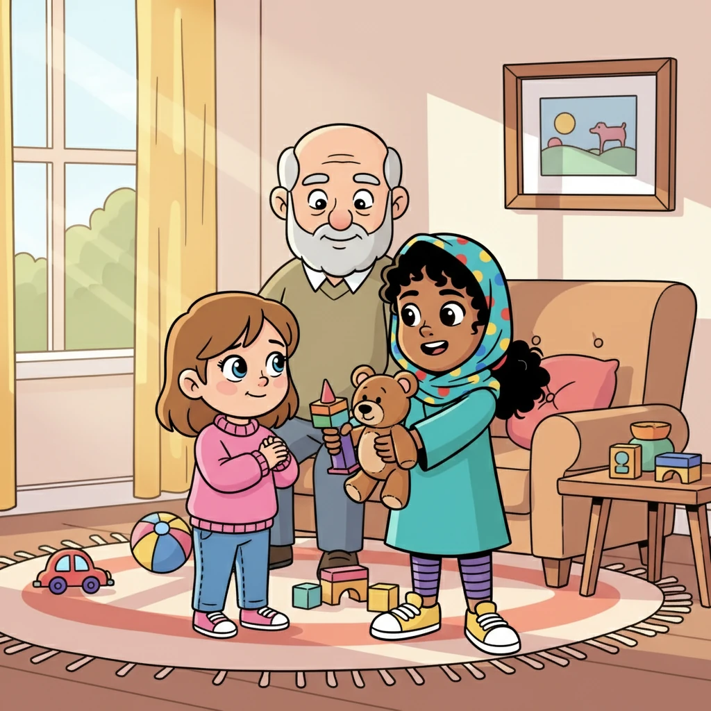 Then came Zakat, the giving of charity. Grandfather explained how sharing with those in need purifies their wealth and brings blessings. Amina, inspired, decided to help her neighbor by offering her some of her toys, feeling a warmth spread through her heart.
