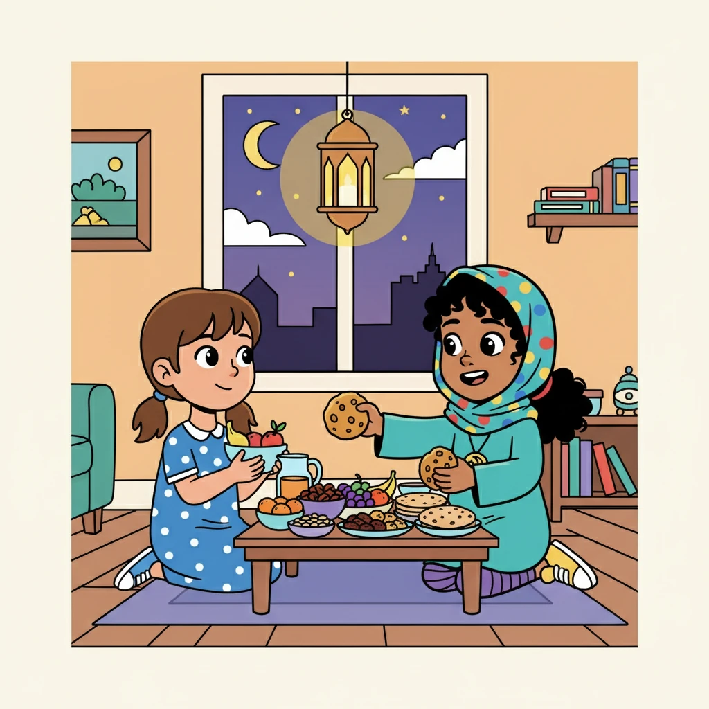 The fourth pillar was Sawm, fasting during Ramadan. Grandfather described the feeling of empathy and gratitude that comes with fasting, and how it brings them closer to Allah. Amina thought about the hungry, and decided to share her iftar meal with her friend.