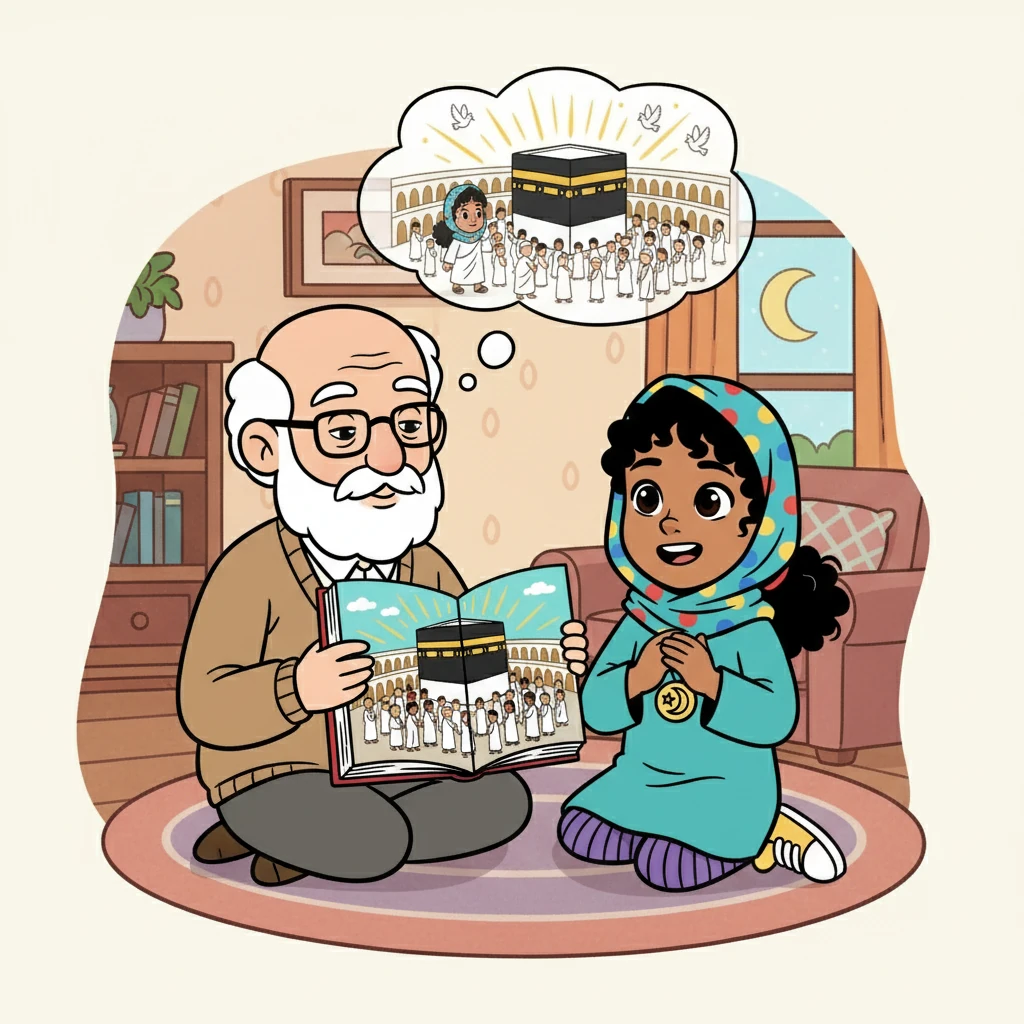 Finally, they discussed Hajj, the pilgrimage to Mecca. Grandfather showed Amina pictures of the Kaaba, explaining how it unites Muslims from all over the world. Amina dreamed of the day she could make the journey, her heart filled with hope and devotion.