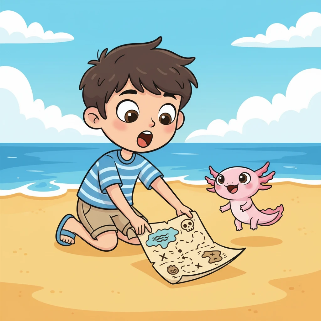 En una soleada playa, un niño curioso llamado Leo y su pequeño amigo, Ajo el ajolote, descubrieron un viejo mapa enrollado. Sus ojos se abrieron de asombro al ver los dibujos misteriosos y las marcas que prometían una gran aventura. ¡Qué emocionante hallazgo!