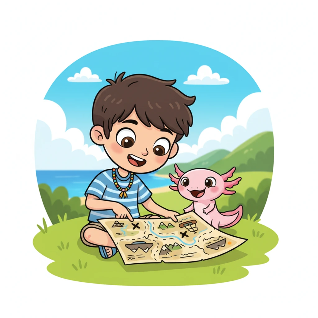 Leo y Ajo se sentaron juntos, sus cabezas casi tocándose, mientras descifraban el mapa con entusiasmo. "¡Wow, es un mapa!" exclamó Leo. "¡Vayamos a una aventura!" chilló Ajo con alegría. La emoción de lo desconocido llenaba el aire.