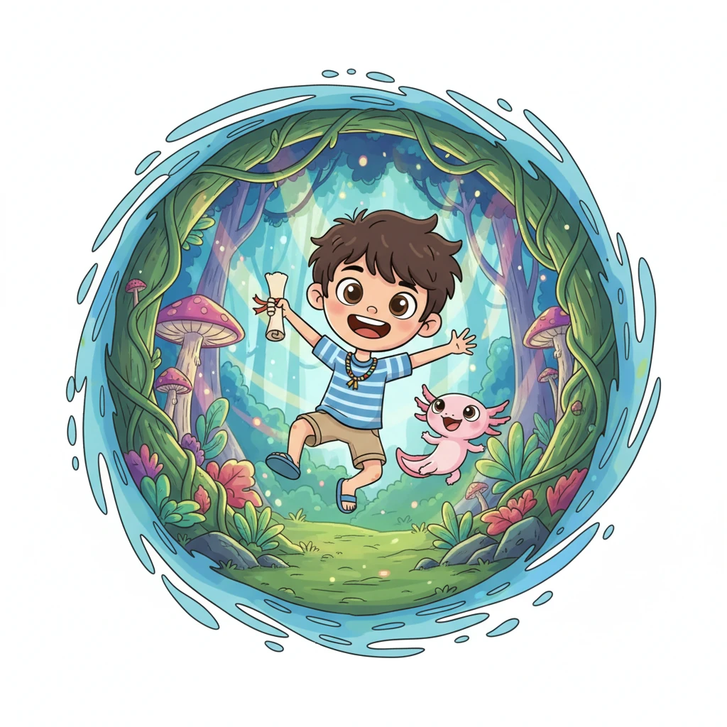 Con ojos brillantes y corazones latiendo, Leo y Ajo gritaron juntos: "¡Portal, portal, portal!". De repente, un torbellino de colores vibrantes los envolvió, transportándolos instantáneamente a la entrada de un bosque mágico y frondoso. El aire olía a maravilla y misterio.
