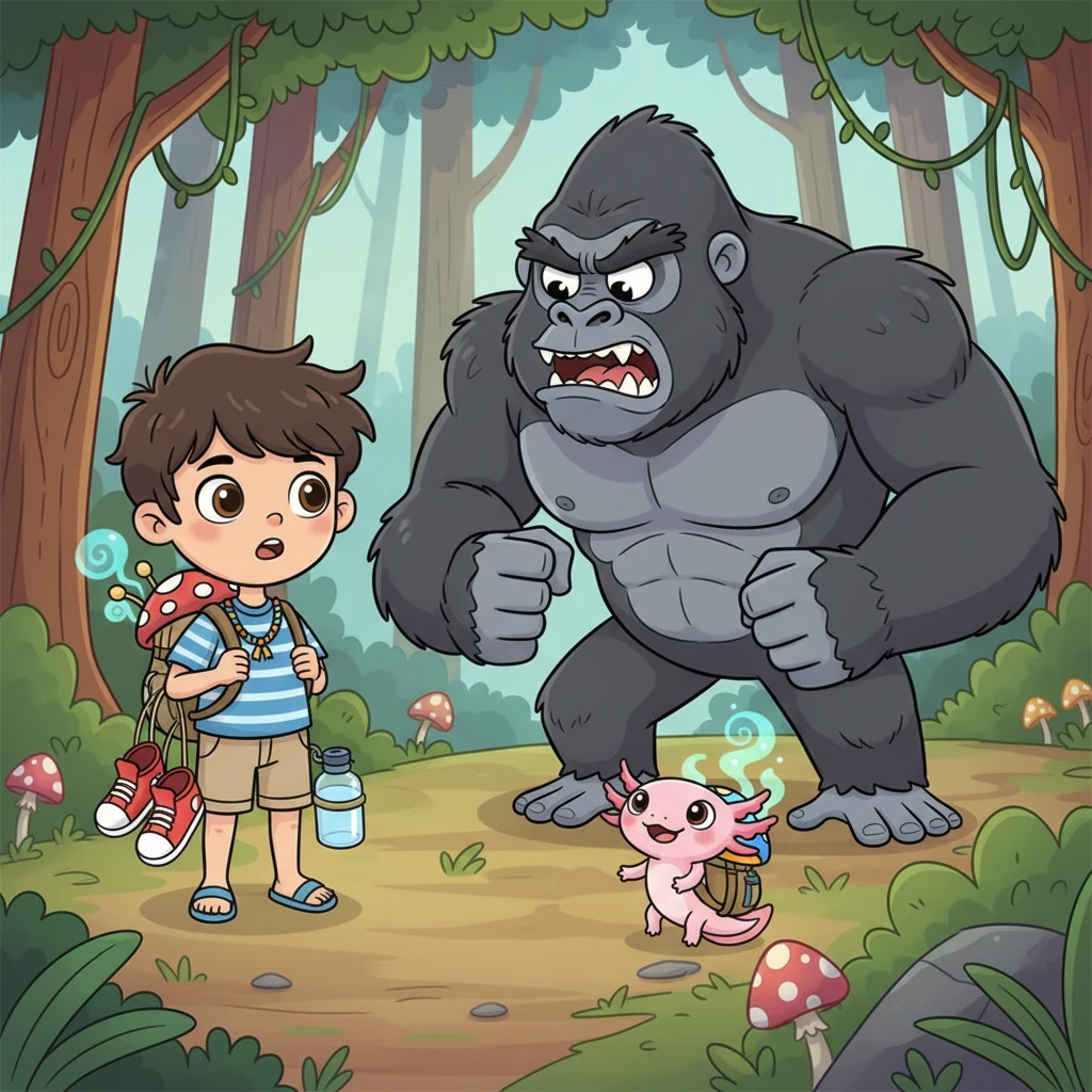 En el bosque mágico, Leo y Ajo descubrieron sus nuevas mochilas, que contenían superzapatos, mucha agua y poderes elementales. Justo entonces, un gorila gruñón apareció, bloqueando su camino. "¡No pasarán!" rugió, listo para una pelea.