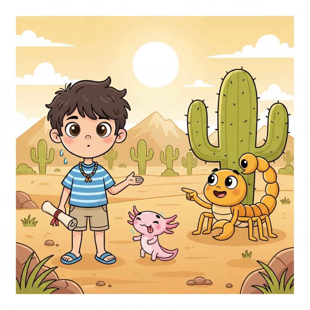 Bajo el sol abrasador del desierto, Leo y Ajo sintieron la sed. "Tengo mucha sed," dijo Ajo, con la lengua un poco seca. De la nada, un amigable alacrán apareció, ofreciéndose a guiarlos. "Les voy a ayudar a pasar los cactus y la montaña," dijo el nuevo amigo.