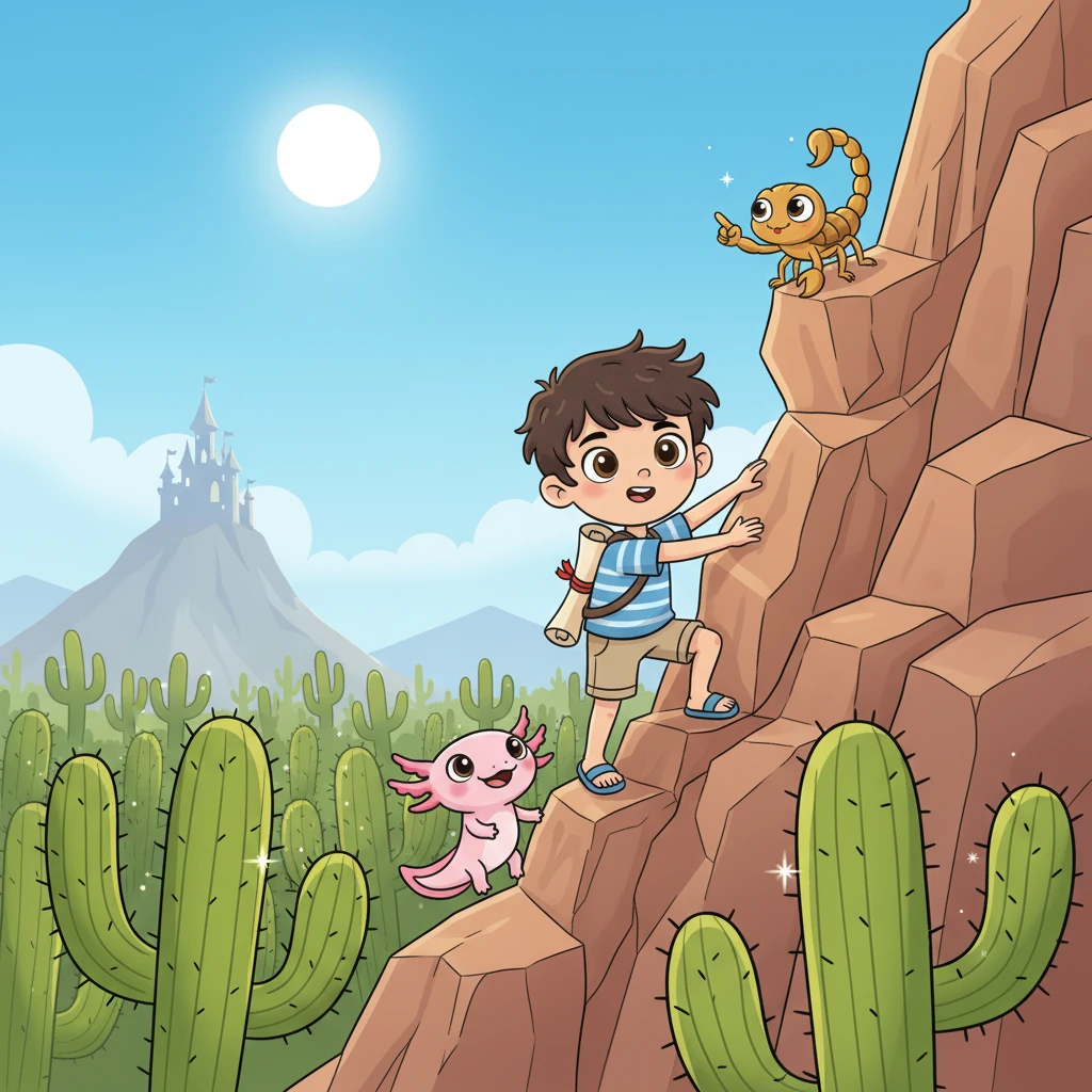 Con el alacrán como guía, el trío atravesó un campo de cactus gigantes con cuidado, sus espinas brillando bajo el sol. Luego, comenzaron a escalar una montaña rocosa y empinada, trabajando juntos en cada paso. La cima de la montaña prometía una vista del castillo.