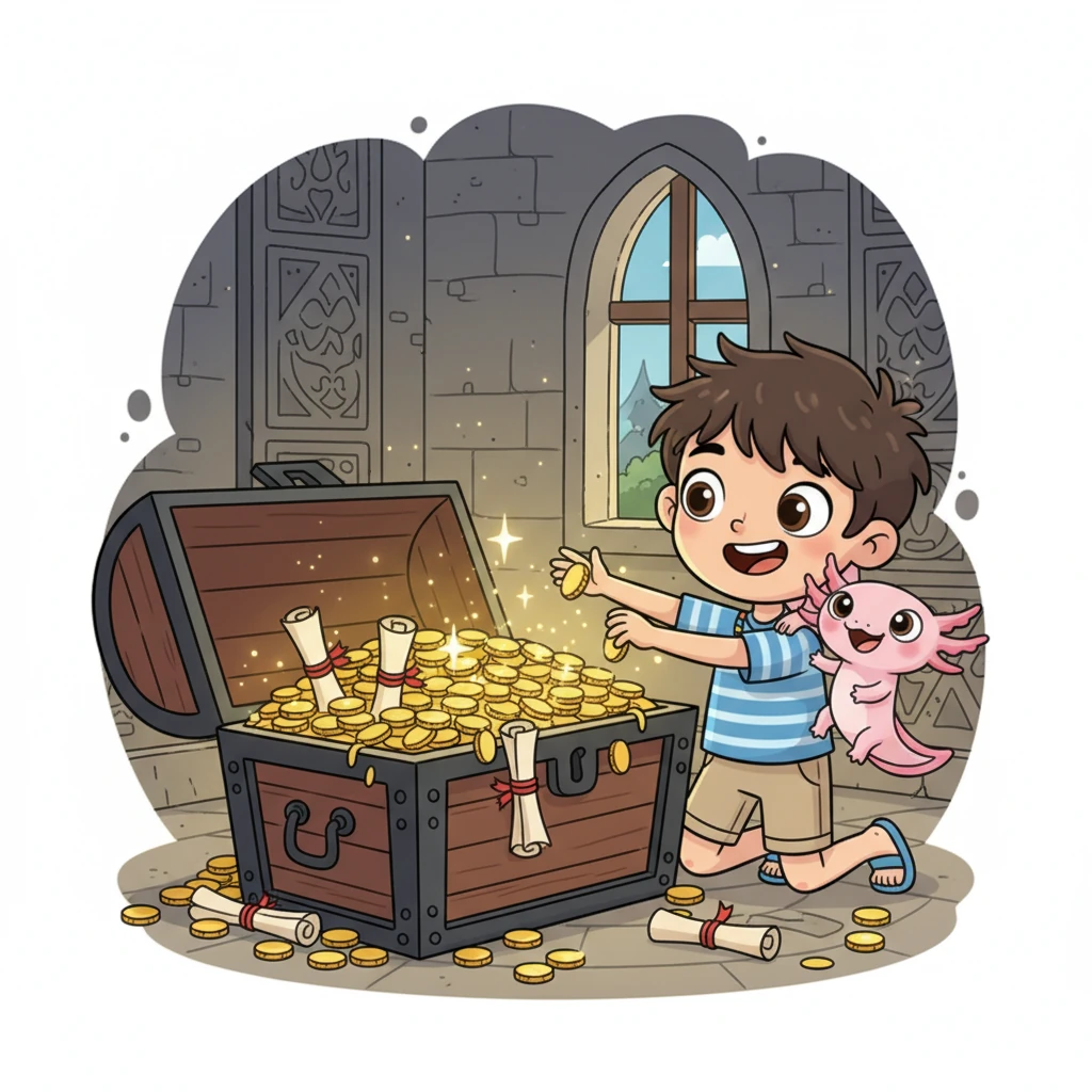 Dentro del castillo, en una sala secreta, encontraron un cofre antiguo. Al abrirlo, estaba lleno de monedas de oro brillante y, para su sorpresa, ¡muchos más mapas! Leo y Ajo sabían que esta aventura era solo el principio de innumerables descubrimientos y diversión.