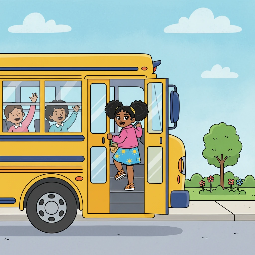 Vroom-vroom! The bus was nearby. They climbed aboard the colorful bus, excited for their journey. Nakia waved goodbye to her friendly neighbors as the bus doors closed.