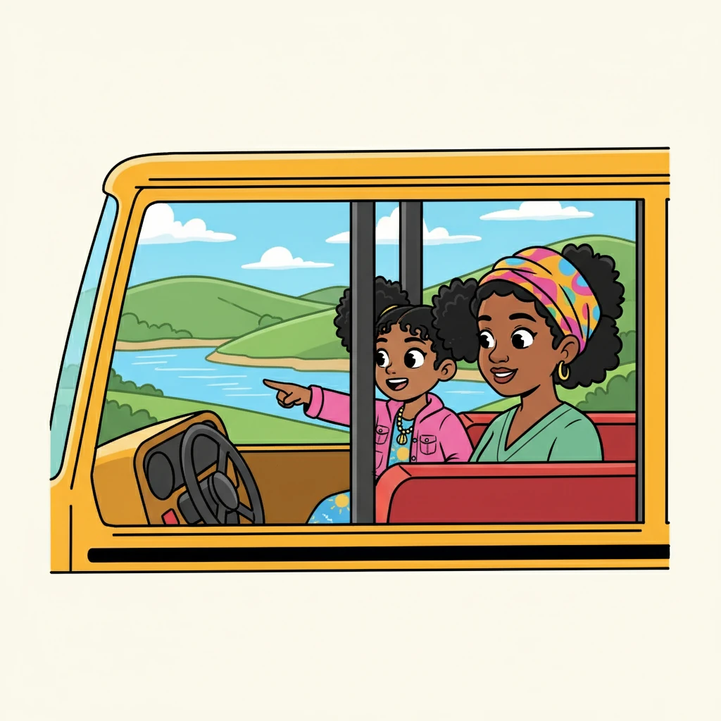The bus rumbled along the winding roads, passing lush green fields and sparkling blue waters. Nakia gazed out the window, her eyes wide with wonder, pointing out the scenery to Mama Jamila.