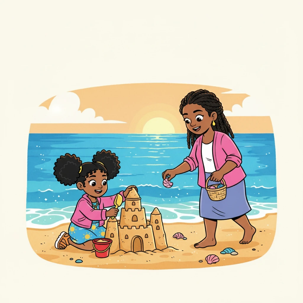 Next, they headed to the beach, where the sand was warm and the waves sparkled. Nakia built a magnificent sandcastle, while Mama Jamila collected seashells.