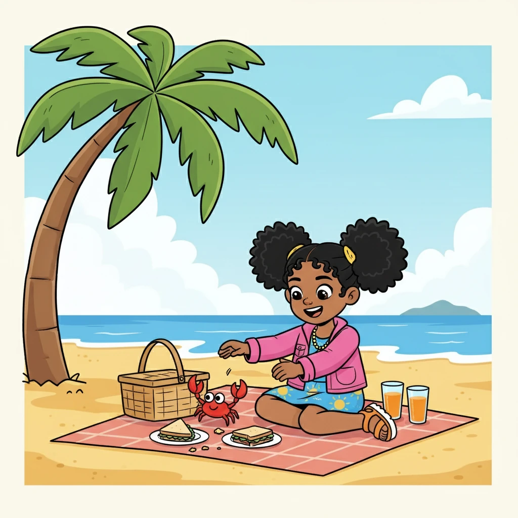 Lunchtime! They enjoyed a picnic of delicious sandwiches and refreshing juice under a shady palm tree. Nakia giggled as a playful crab scurried nearby.