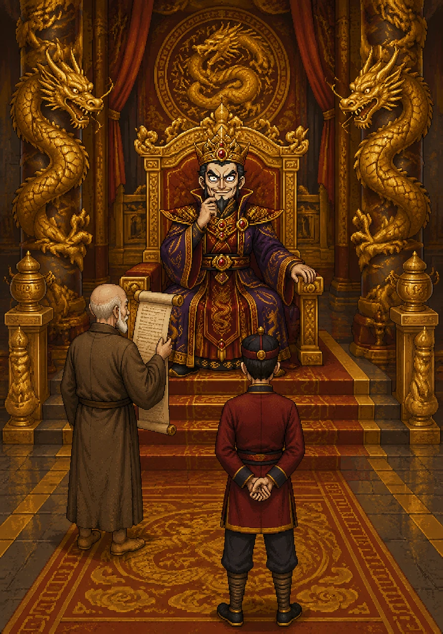 Inside a magnificent golden palace, King Malakor sits upon his throne, listening intently to a long royal decree. With a chillingly perfect accuracy, he recites every word back to his court, his eyes shining with a mechanical, cold precision.