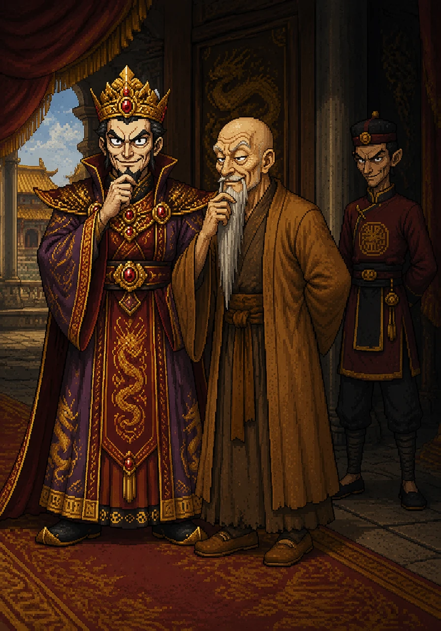 Beside the King, a cunning Grand Minister strokes his long beard with a self-satisfied smirk, while a scrawny, sharp-eyed guard stands in the shadows. They are a trio of perfect recall: the guard remembers after one hearing, the minister after two, and the King after three, forming a flawless memory machine.